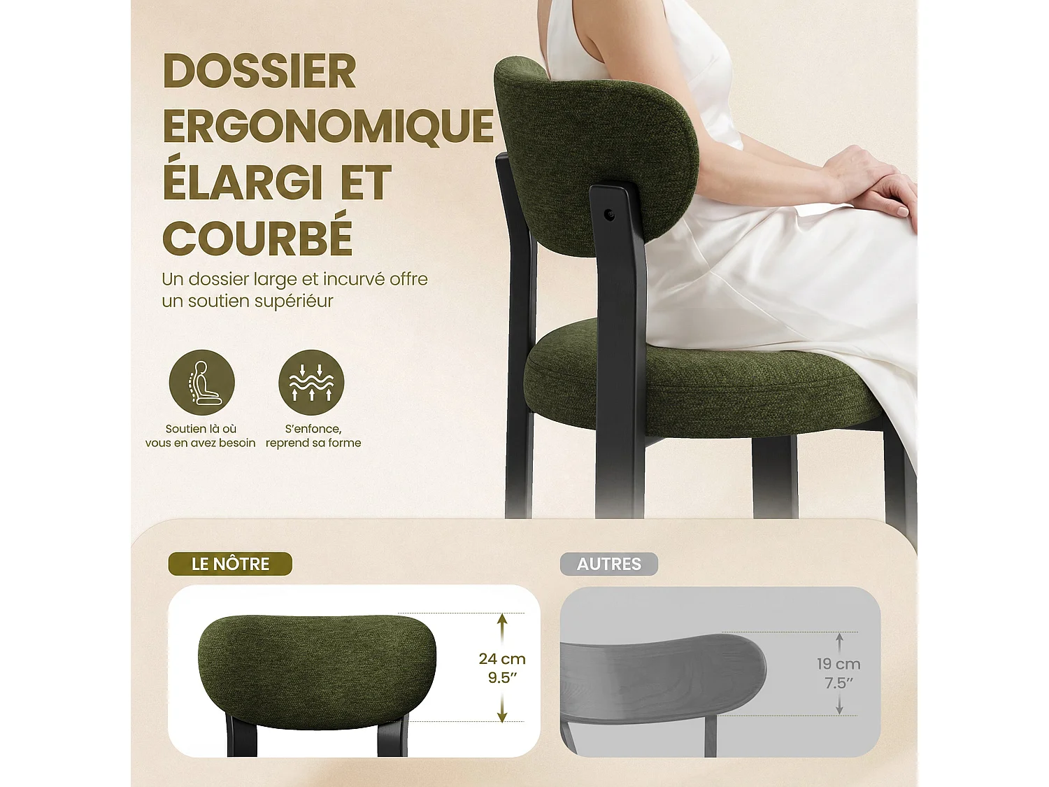Set di 2 sedie da pranzo verdi, schienale curvo, seduta imbottita, gambe in legno massello nero