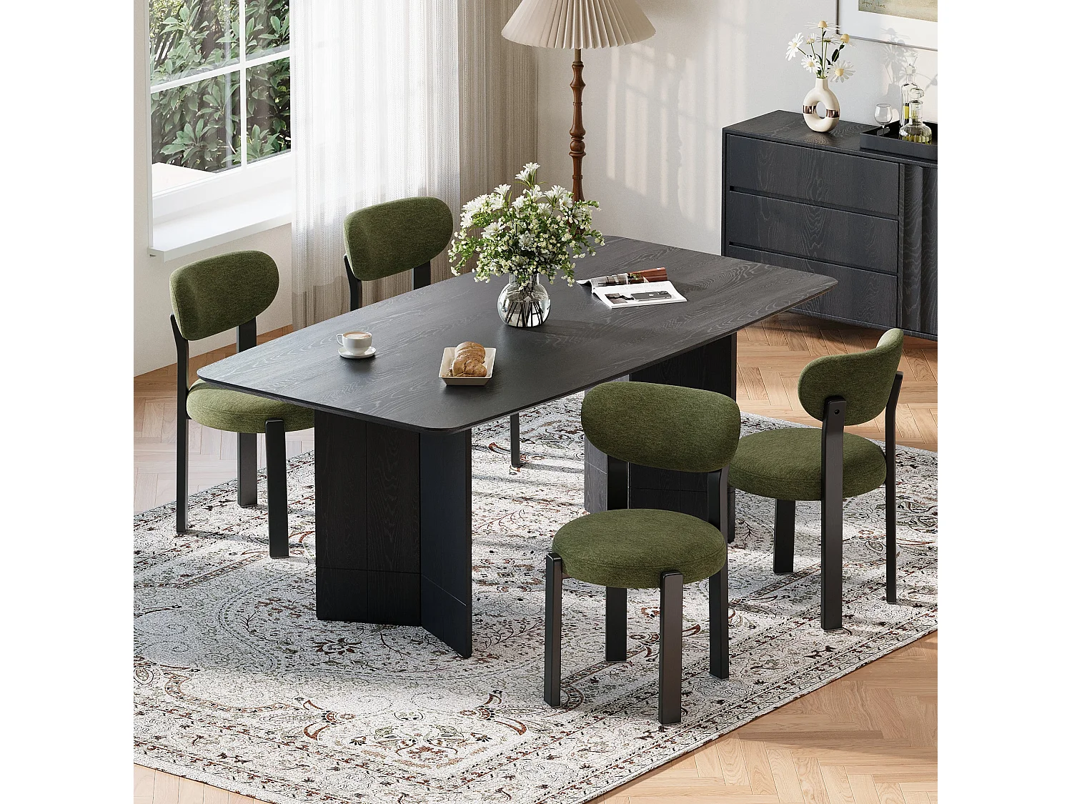 Set di 2 sedie da pranzo verdi, schienale curvo, seduta imbottita, gambe in legno massello nero