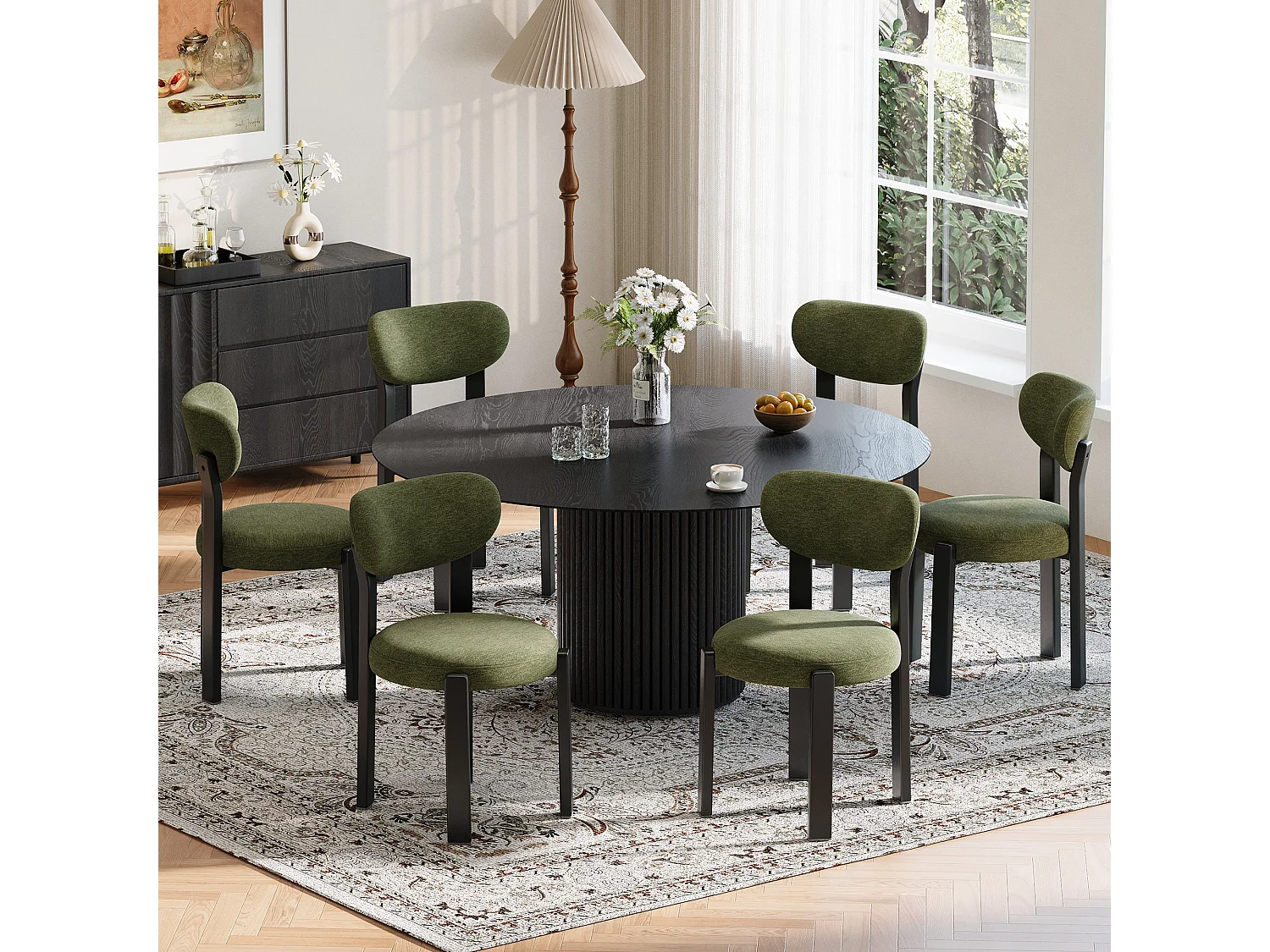 Set di 2 sedie da pranzo verdi, schienale curvo, seduta imbottita, gambe in legno massello nero