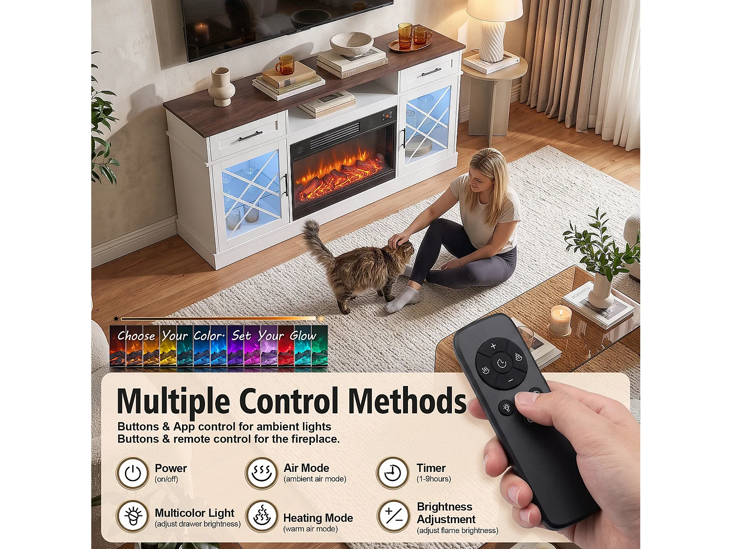 Meuble TV avec Cheminée Électrique Chauffante - LED RGB - 178 x 33 x 81 cm
