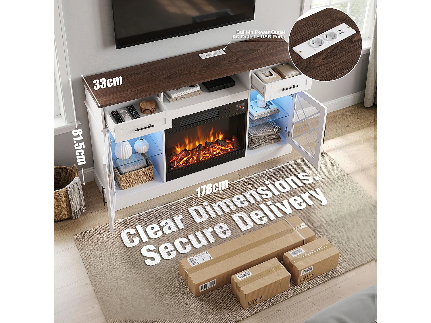 Meuble TV avec Cheminée Électrique Chauffante - LED RGB - 178 x 33 x 81 cm