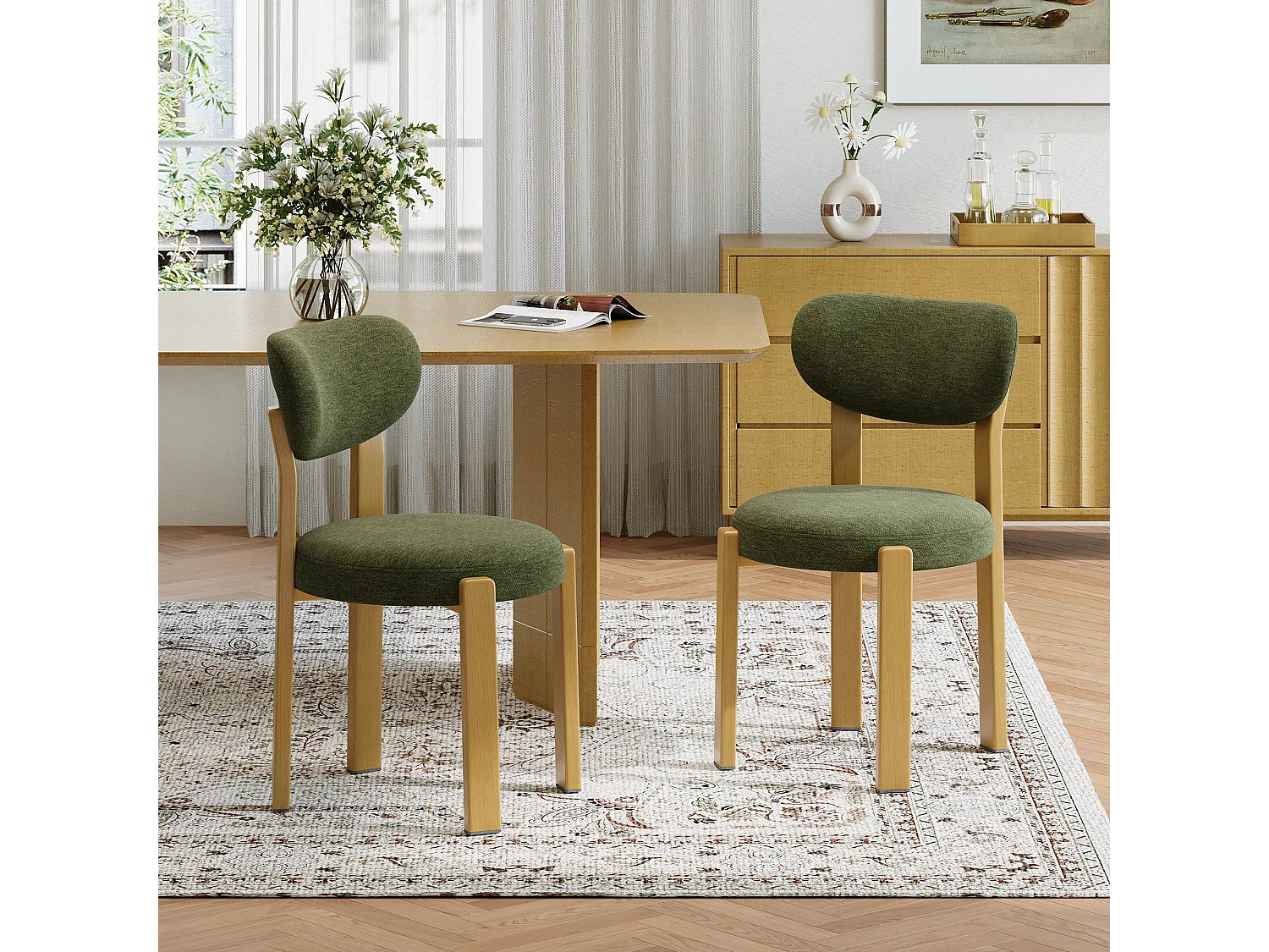 Lot de 2 chaises de salle à manger vertes, dossier incurvé, assise rembourrée, pieds en bois naturel