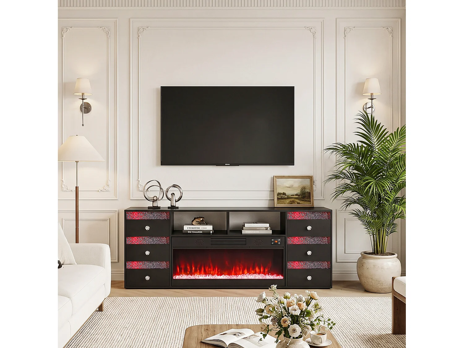 Meuble TV avec Cheminée Électrique Chauffante - LED RGB - 180 x 40 x 65 cm
