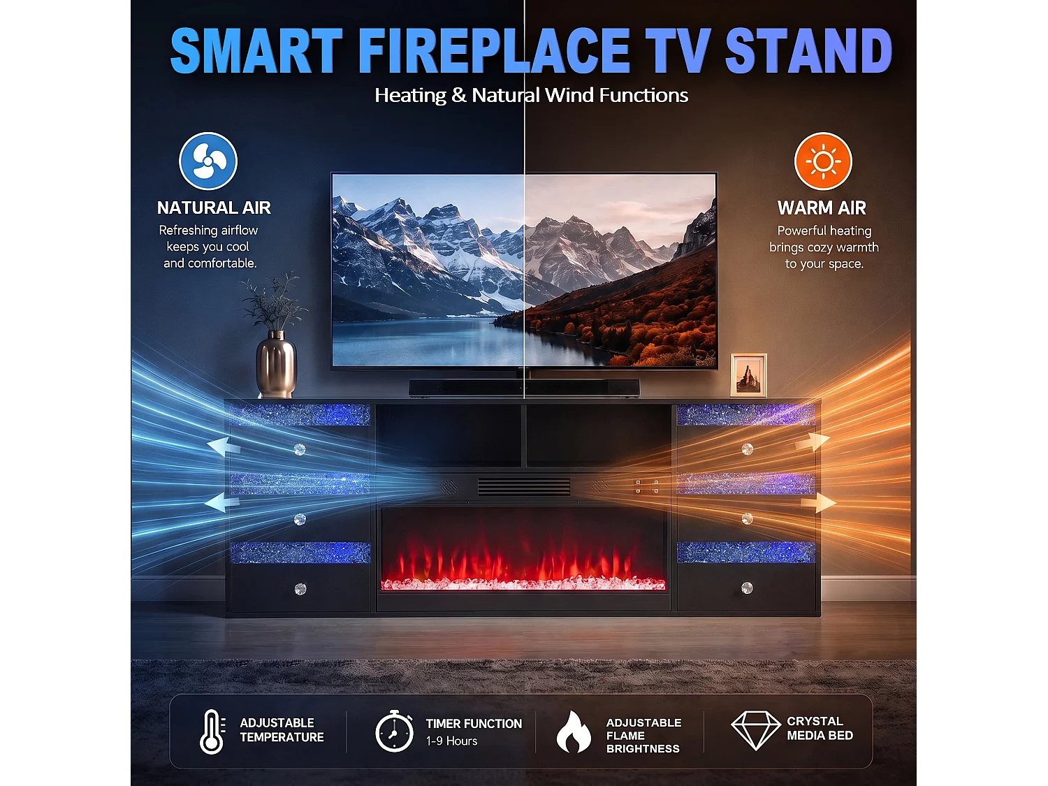 Meuble TV avec Cheminée Électrique Chauffante - LED RGB - 180 x 40 x 65 cm