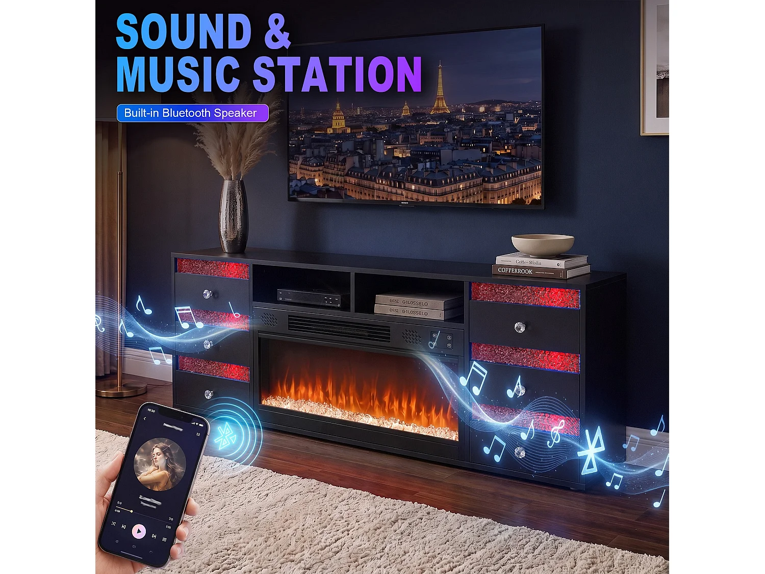 Meuble TV avec Cheminée Électrique Chauffante - LED RGB - 180 x 40 x 65 cm