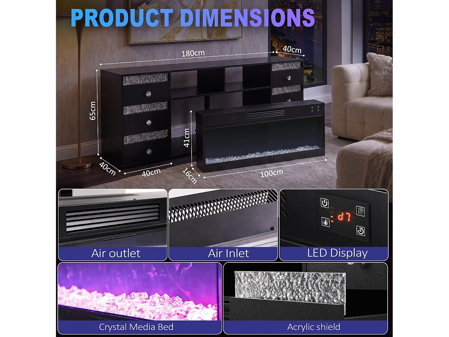 Meuble TV avec Cheminée Électrique Chauffante - LED RGB - 180 x 40 x 65 cm