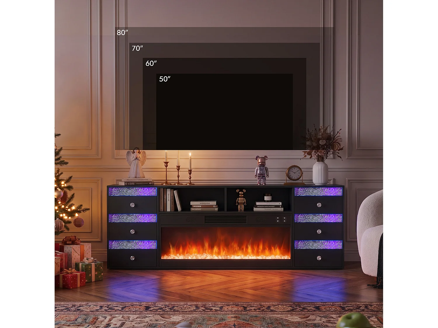 Meuble TV avec Cheminée Électrique Chauffante - LED RGB - 180 x 40 x 65 cm