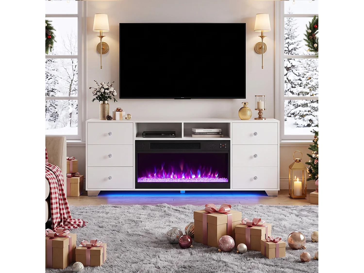 Meuble TV avec Cheminée Électrique Chauffante & Éclairage LED RGB - Blanc