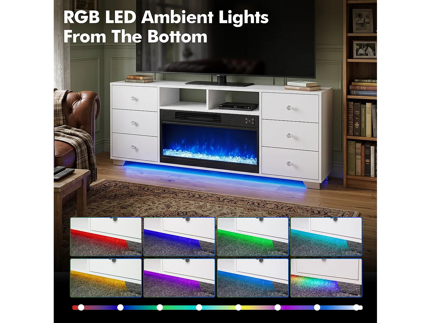 Meuble TV avec Cheminée Électrique Chauffante & Éclairage LED RGB - Blanc