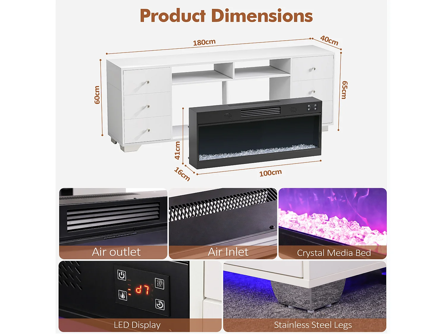 Meuble TV avec Cheminée Électrique Chauffante & Éclairage LED RGB - Blanc