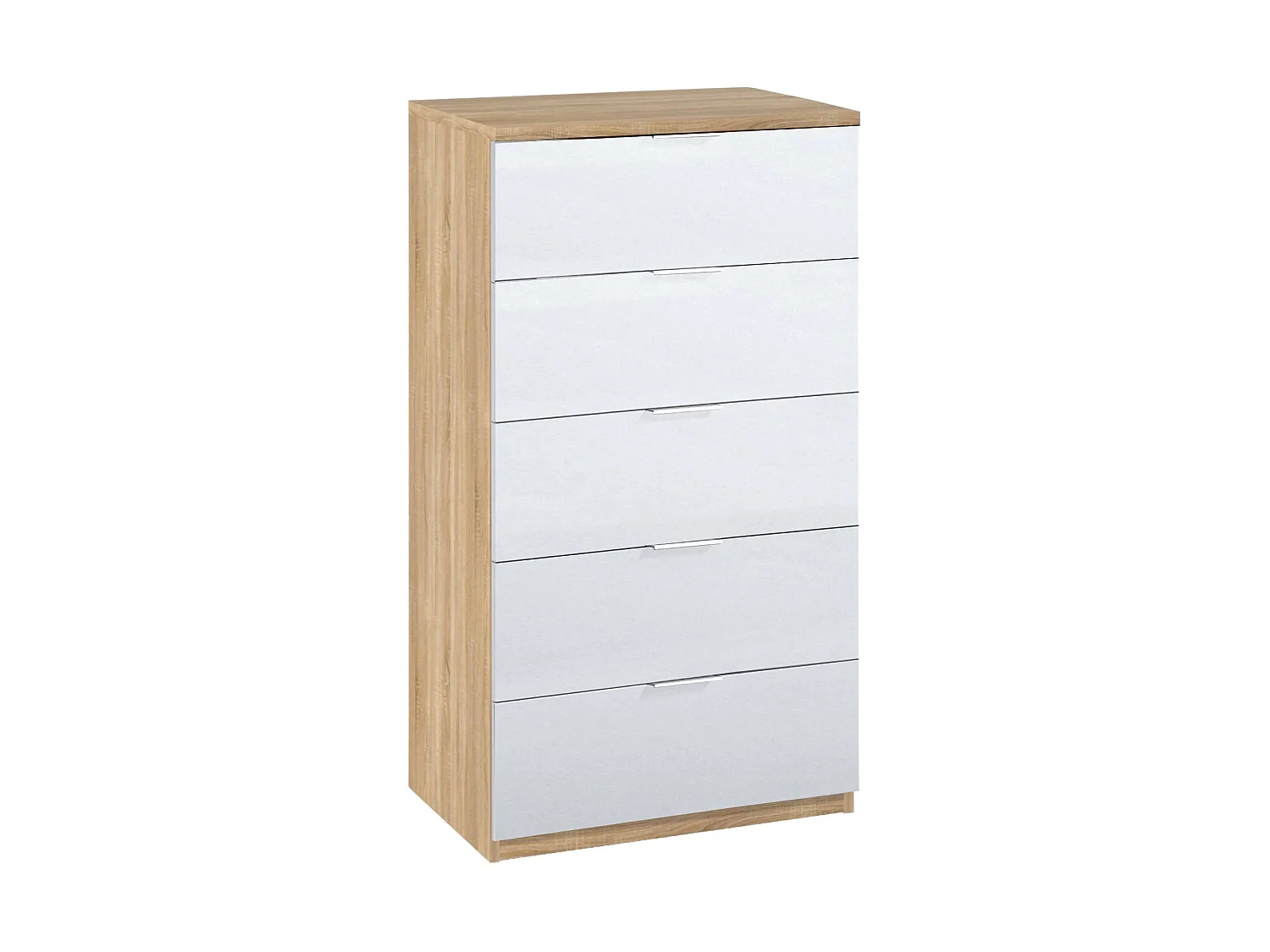 Cómoda Dhvali, Semanal con 5 cajones, Tocador para dormitorio, semanario moderno, 60x40h110 cm, Roble y Blanco