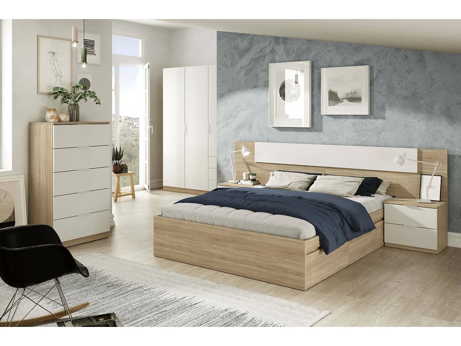 Cómoda Dhvali, Semanal con 5 cajones, Tocador para dormitorio, semanario moderno, 60x40h110 cm, Roble y Blanco