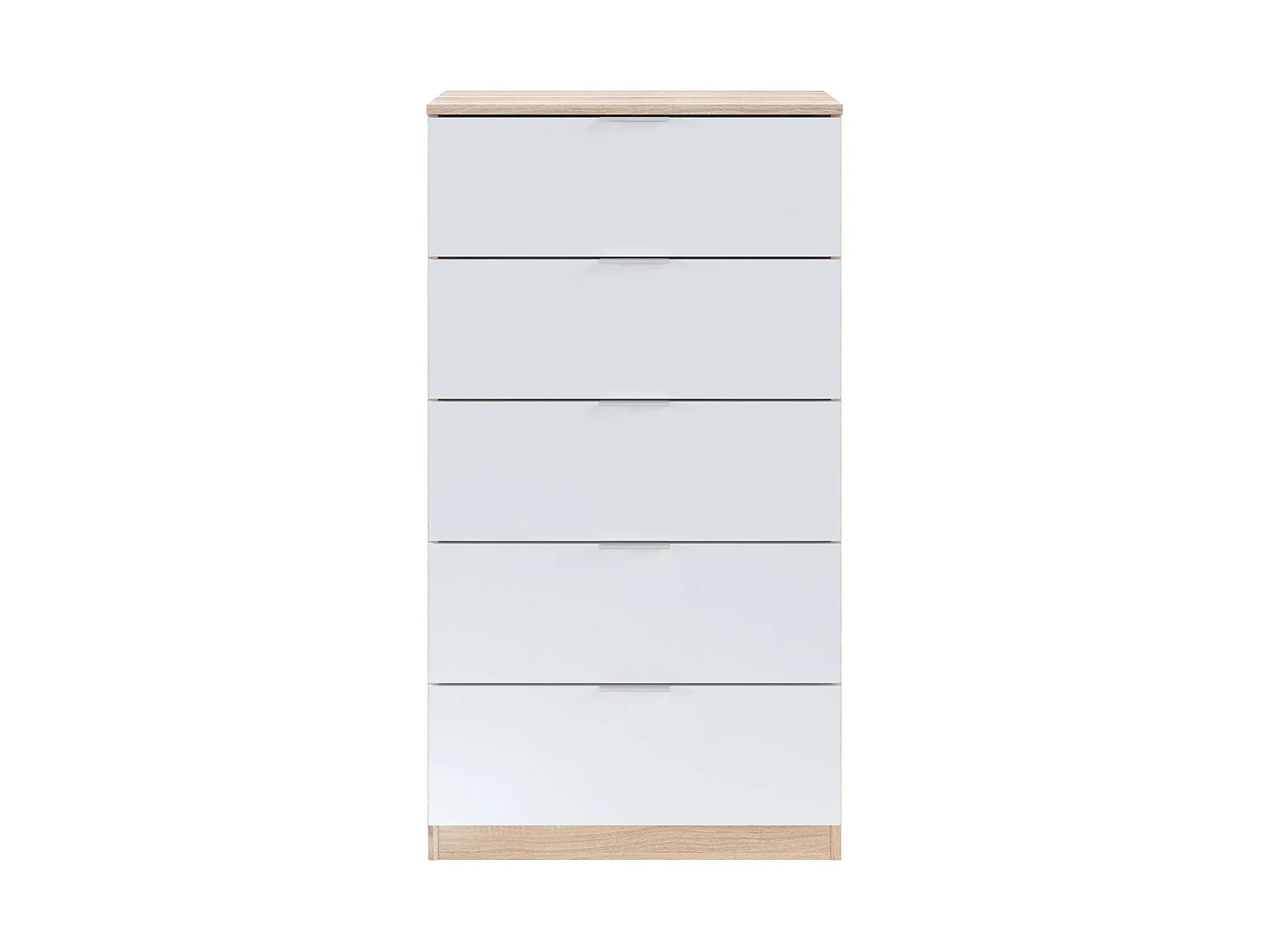 Cómoda Dhvali, Semanal con 5 cajones, Tocador para dormitorio, semanario moderno, 60x40h110 cm, Roble y Blanco