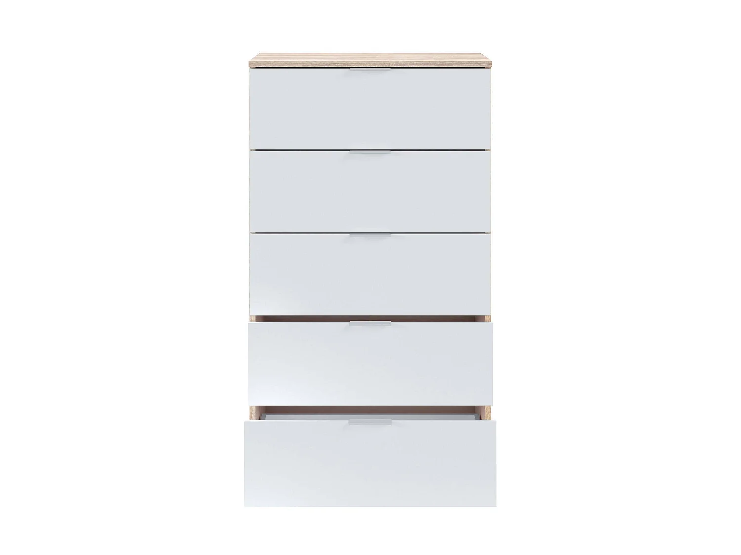 Cómoda Dhvali, Semanal con 5 cajones, Tocador para dormitorio, semanario moderno, 60x40h110 cm, Roble y Blanco