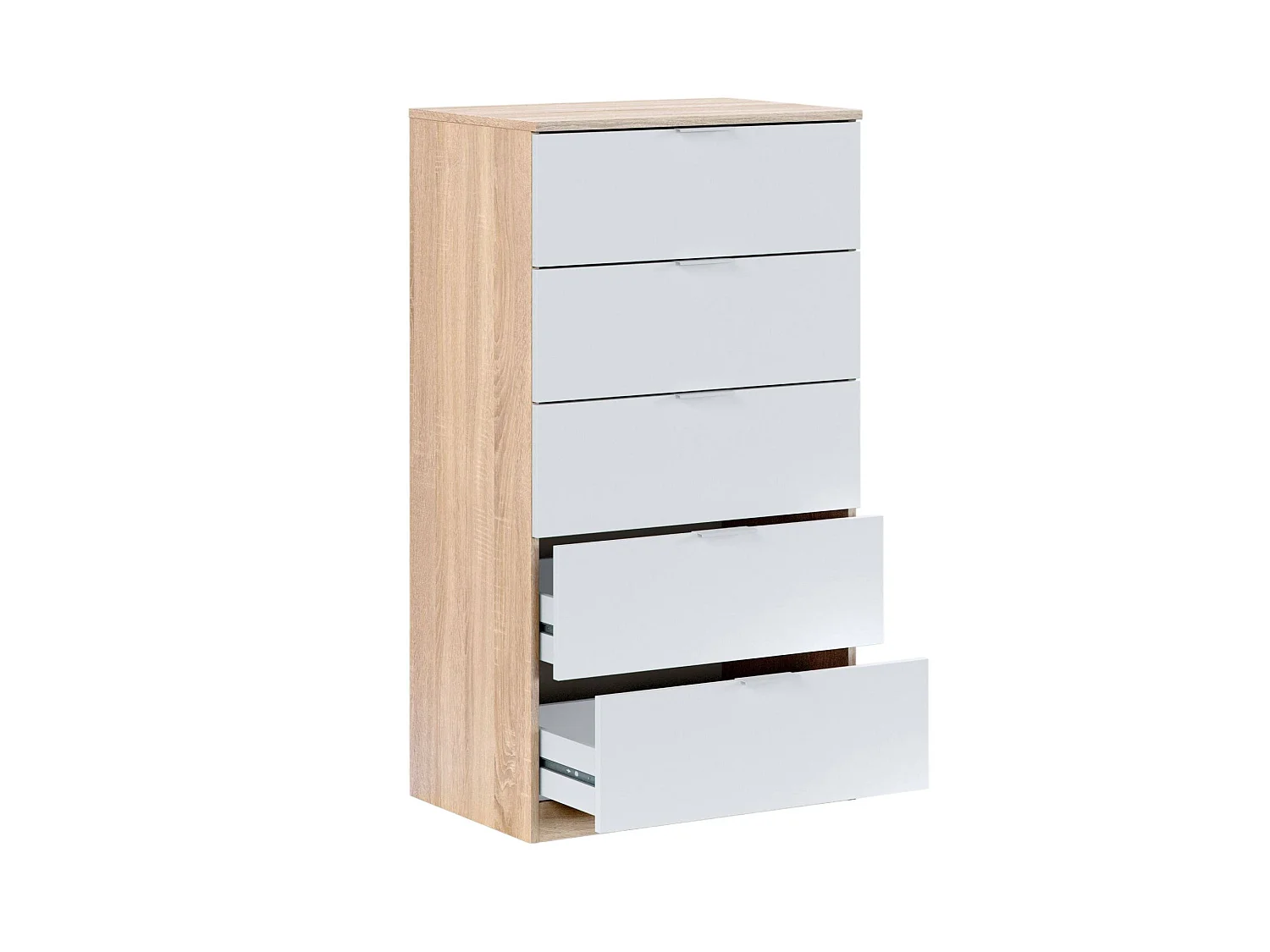 Cómoda Dhvali, Semanal con 5 cajones, Tocador para dormitorio, semanario moderno, 60x40h110 cm, Roble y Blanco