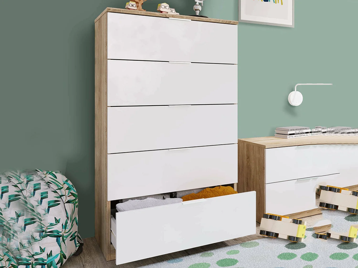 Cómoda Dhvali, Semanal con 5 cajones, Tocador para dormitorio, semanario moderno, 60x40h110 cm, Roble y Blanco