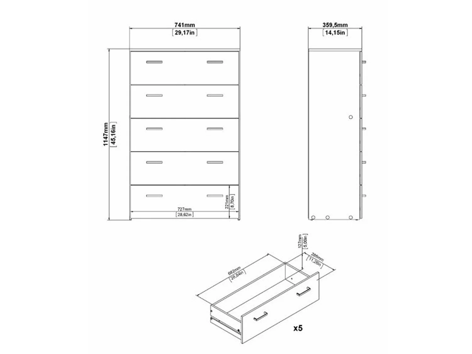 Commode Driner, Commode polyvalente, Commode de chambre, Meuble avec tiroirs, 74x36 h114 cm, Blanc