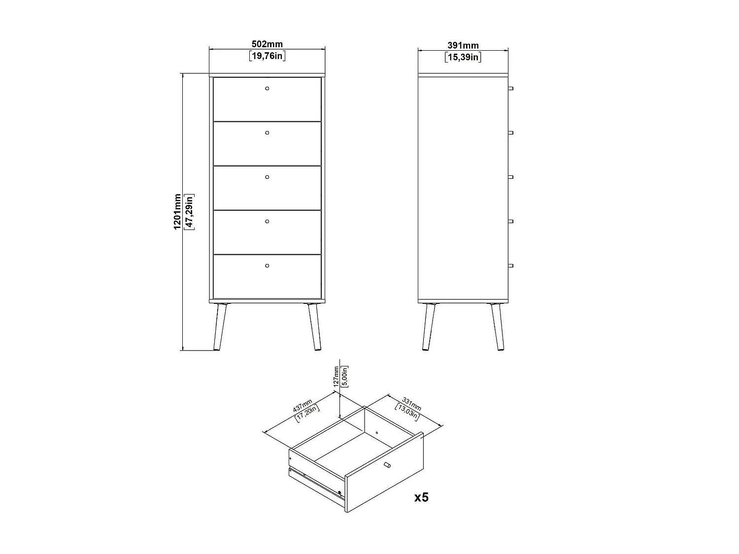 Cajonera Driv, Cómoda multiusos, Cómoda de dormitorio, Gabinete con cajones, 50x39 h120 cm, Gris