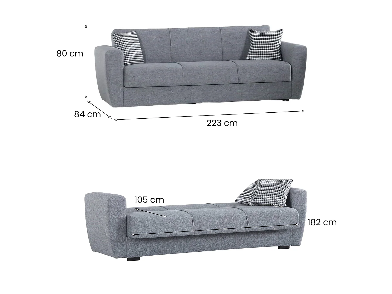 Canapé Dcorv, Canapé conteneur 3 places linéaire, Canapé de salon en tissu rembourré avec ouverture clic-clac, 223x84xh80 cm, Gris