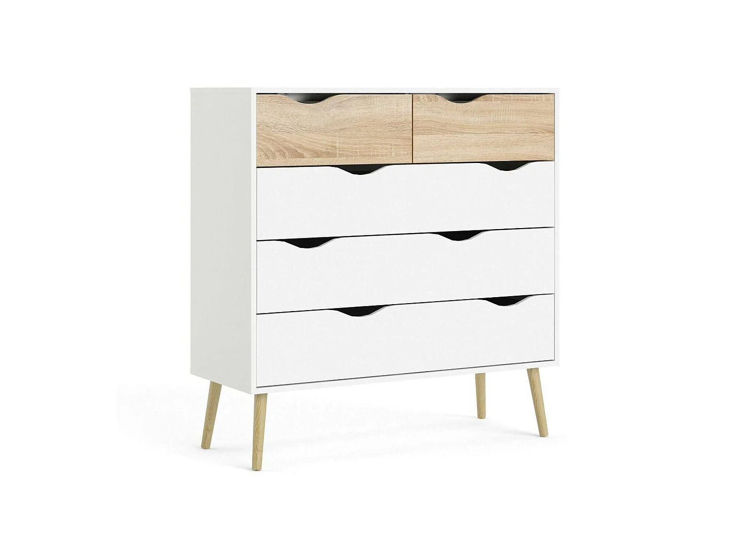 Commode à cinq tiroirs, blanc et chêne, Mesures 98 x 100 x 39 cm