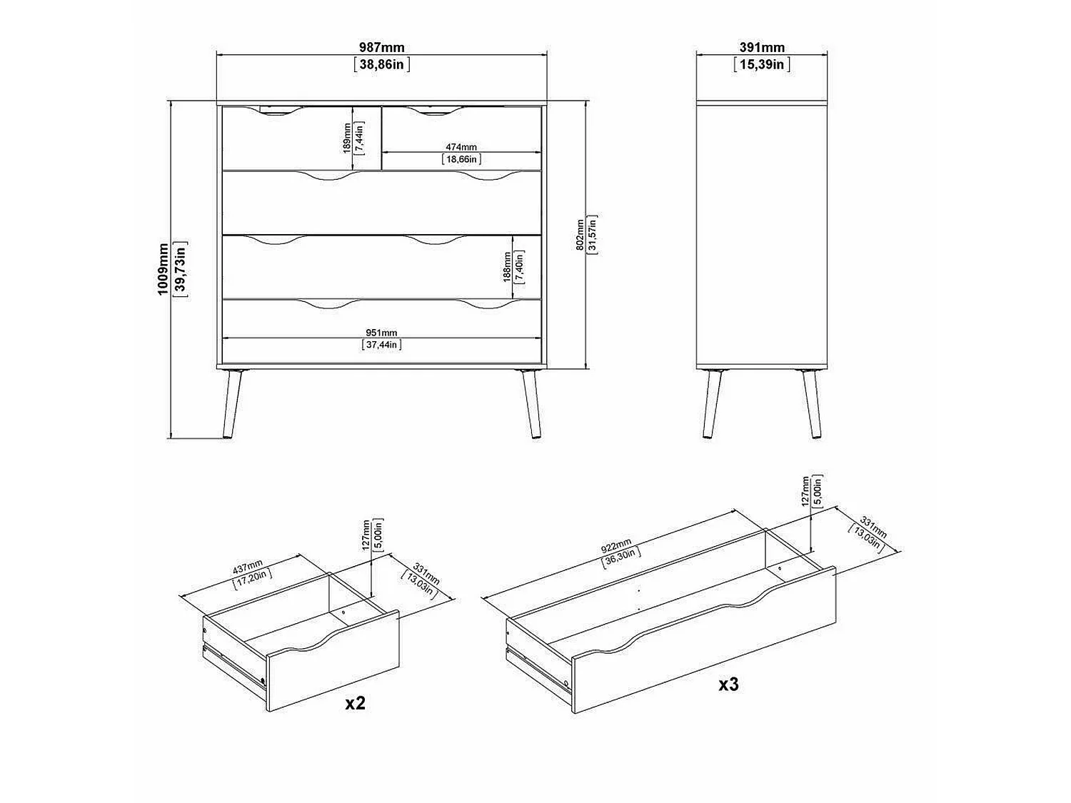 Commode à cinq tiroirs, blanc et chêne, Mesures 98 x 100 x 39 cm