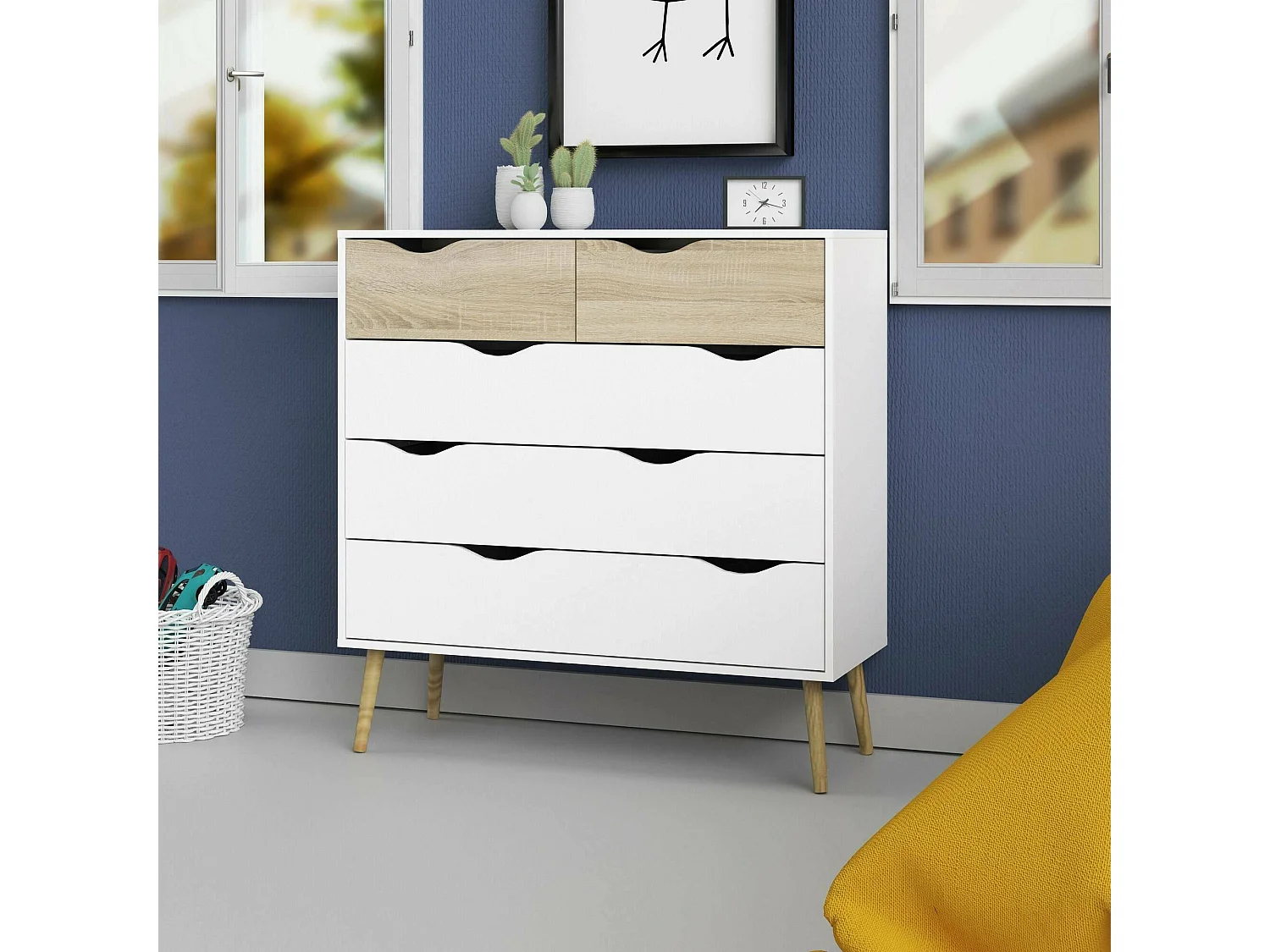 Commode à cinq tiroirs, blanc et chêne, Mesures 98 x 100 x 39 cm
