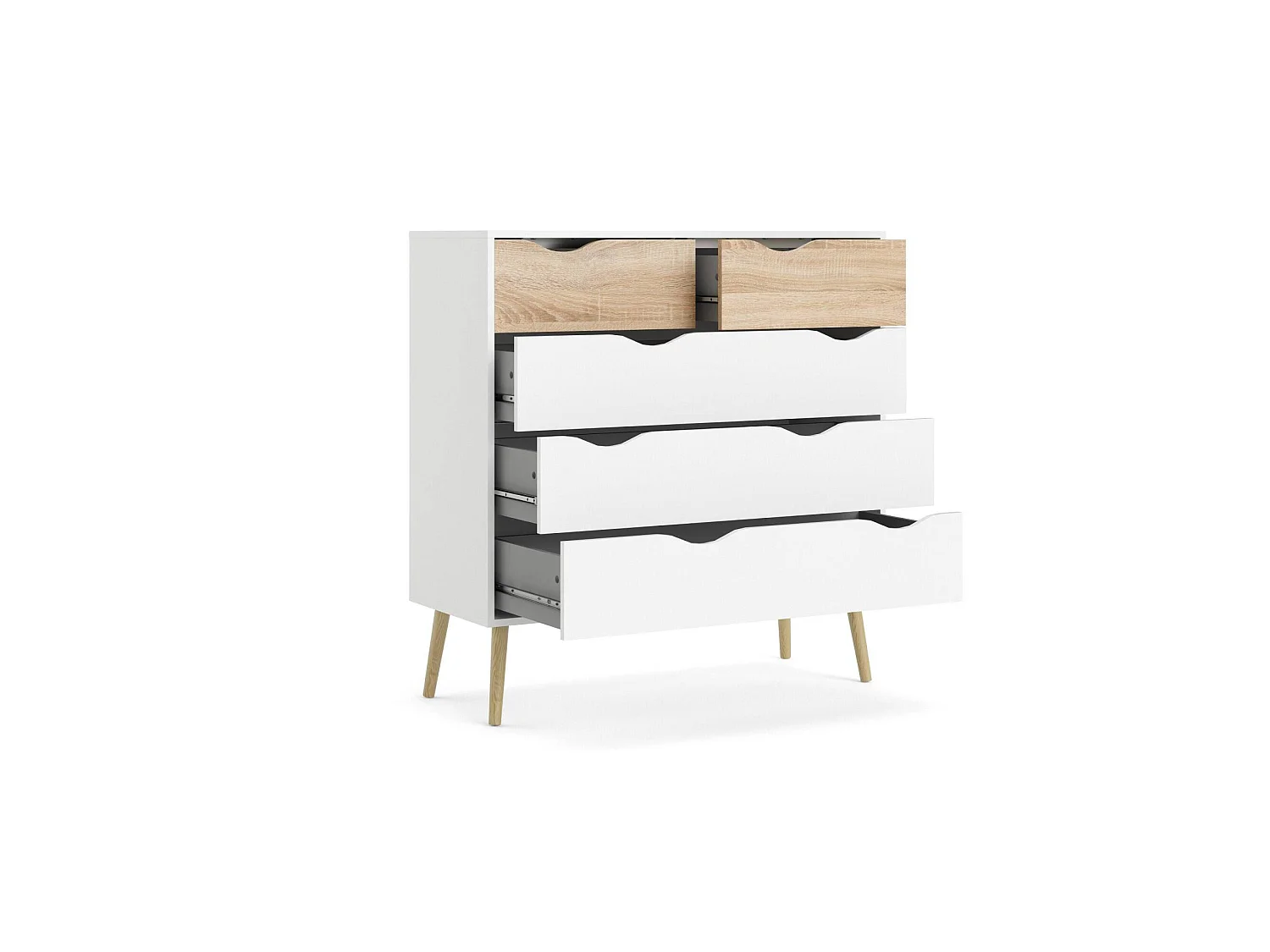 Commode à cinq tiroirs, blanc et chêne, Mesures 98 x 100 x 39 cm