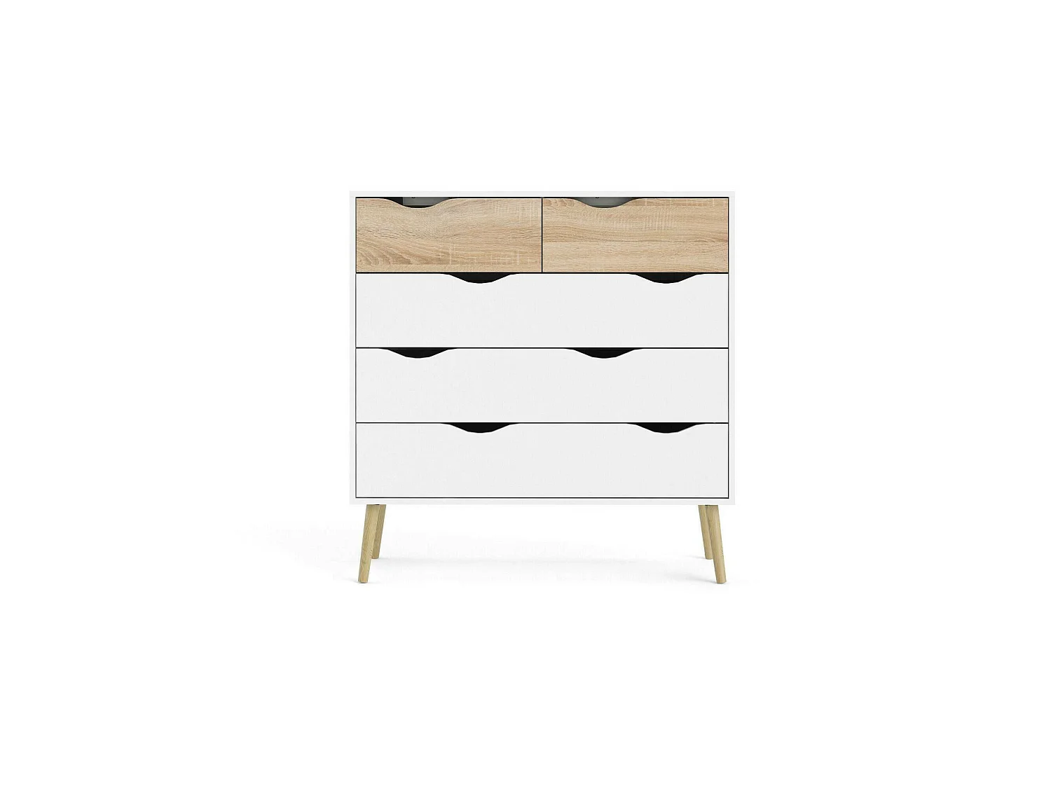 Commode à cinq tiroirs, blanc et chêne, Mesures 98 x 100 x 39 cm