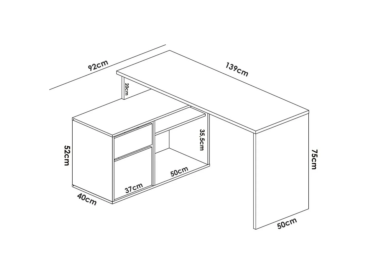 Ddiaw bureau, Multi-positie bureau voor kantoor of slaapkamer, Multifunctionele hoekstudeertafel, 139x92h75 cm, Eiken en antraciet