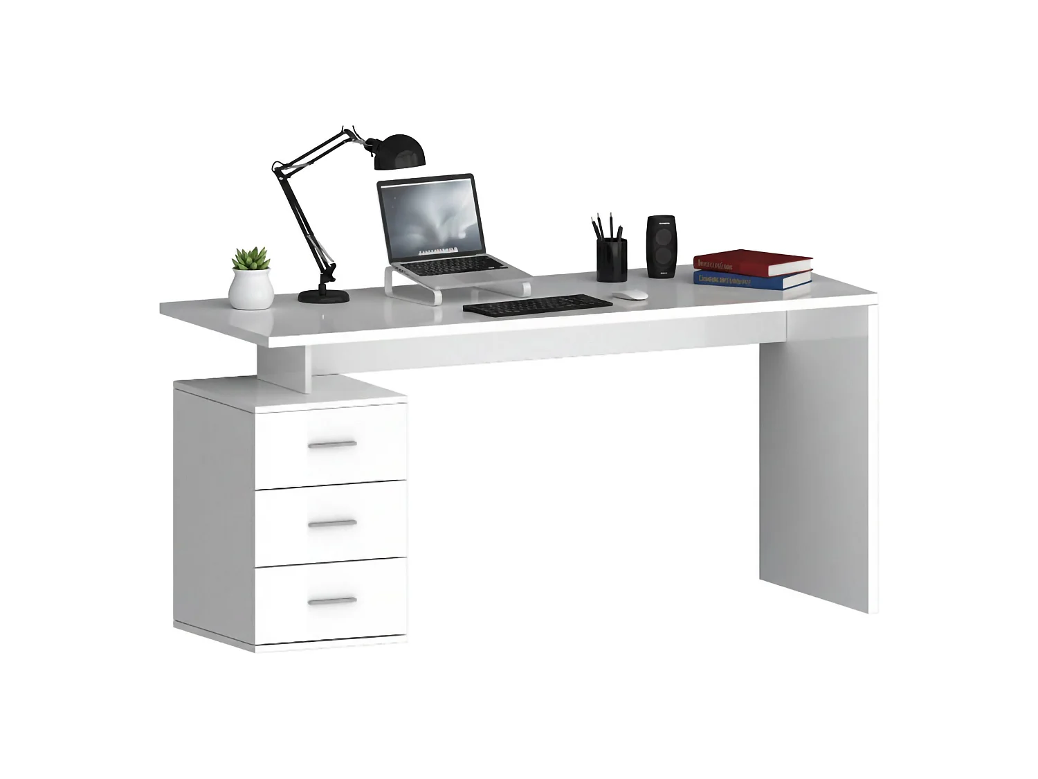 Abisse bureau, modulair, gemaakt in Italië, 160x60x75h cm hoogglans wit, 3 lades, kleurverloop, hoogglans structuur