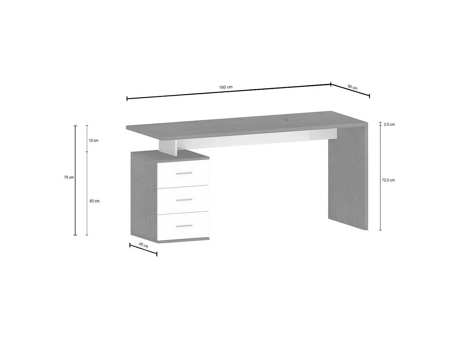 Abisse bureau, modulair, gemaakt in Italië, 160x60x75h cm hoogglans wit, 3 lades, kleurverloop, hoogglans structuur