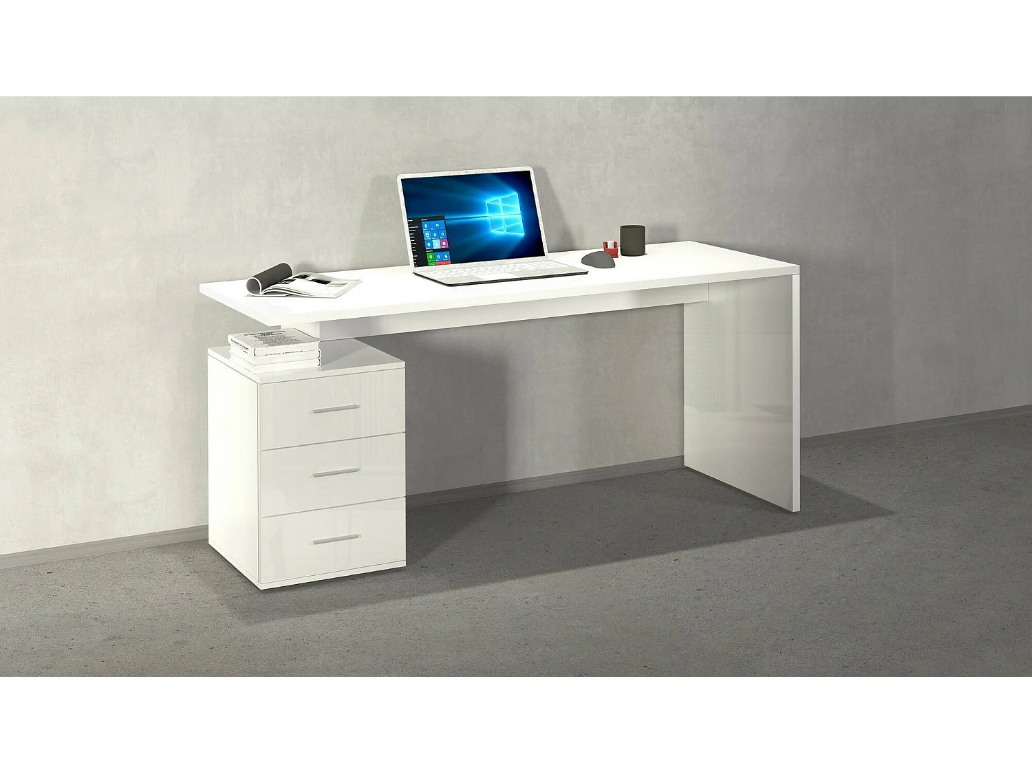 Abisse bureau, modulair, gemaakt in Italië, 160x60x75h cm hoogglans wit, 3 lades, kleurverloop, hoogglans structuur