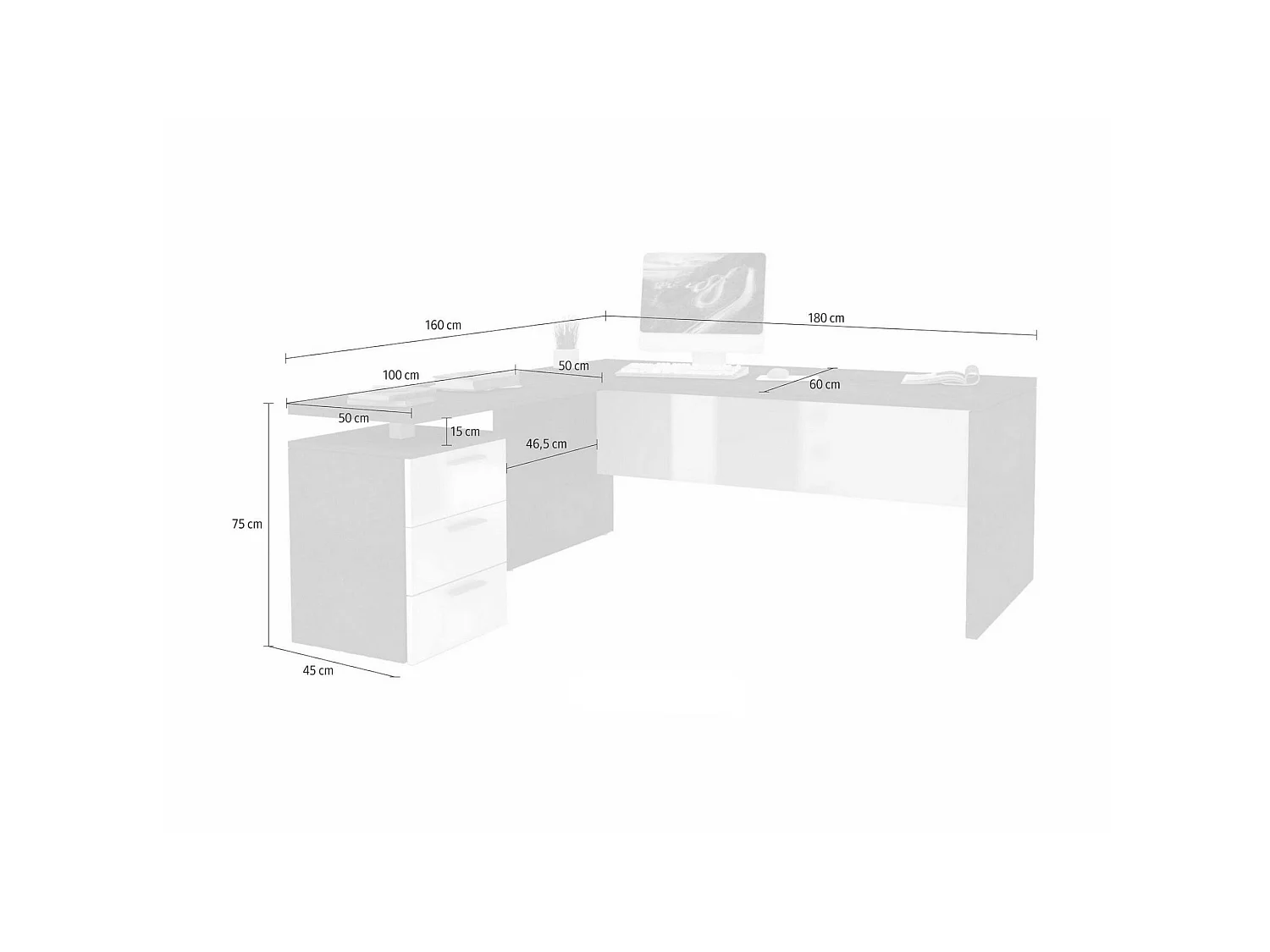 Dguarin bureau, PC-hoekbureau, Multifunctionele kantoortafel, Ruimtebesparend bureau met meerdere posities, 100% Made in Italy, 160x60h75 cm, Glanzend wit