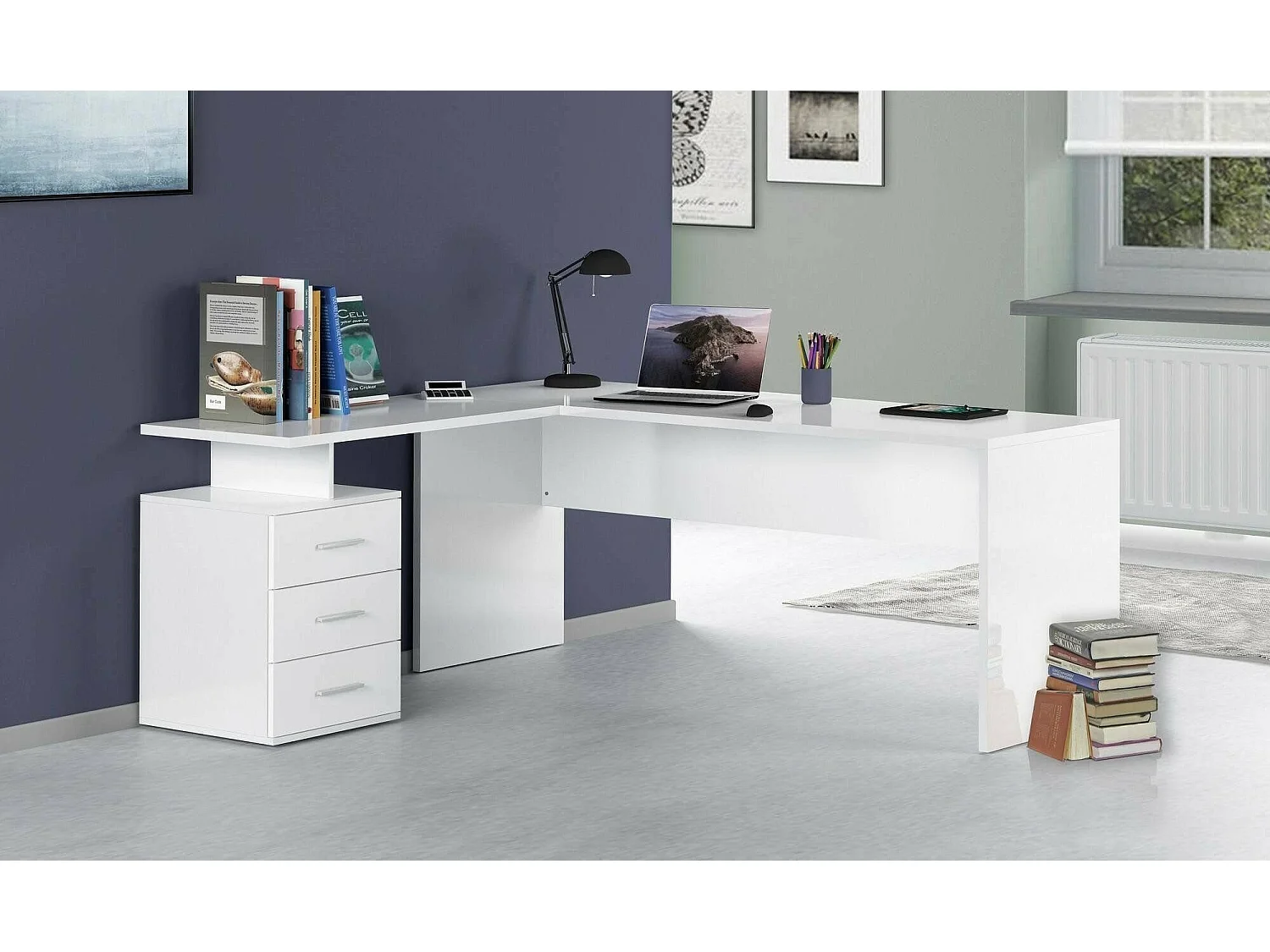 Dguarin bureau, PC-hoekbureau, Multifunctionele kantoortafel, Ruimtebesparend bureau met meerdere posities, 100% Made in Italy, 160x60h75 cm, Glanzend wit