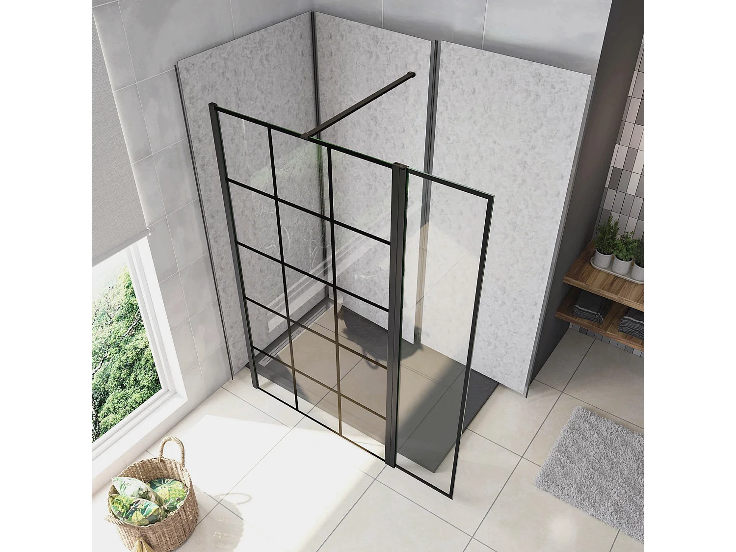 Box Doccia Parete Fissa 120x200cm con Paraspruzzo 40cm Vetro 8 mm Temperato Anticalcare Serigrafia Riquadri Neri Barra Stabilizzatrice Piatta 90 cm