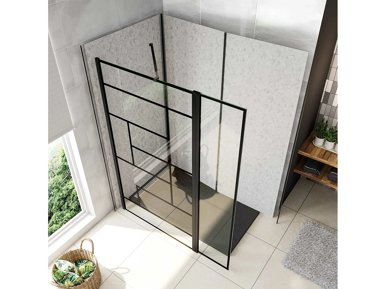 Box Doccia Walk in 150x200cm Parete Fissa 110cm+Paretina 40cm Vetro 8mm Anticalcare Serigrafato Nero Riquadri Barra Stabilizzatrice 73-120cm
