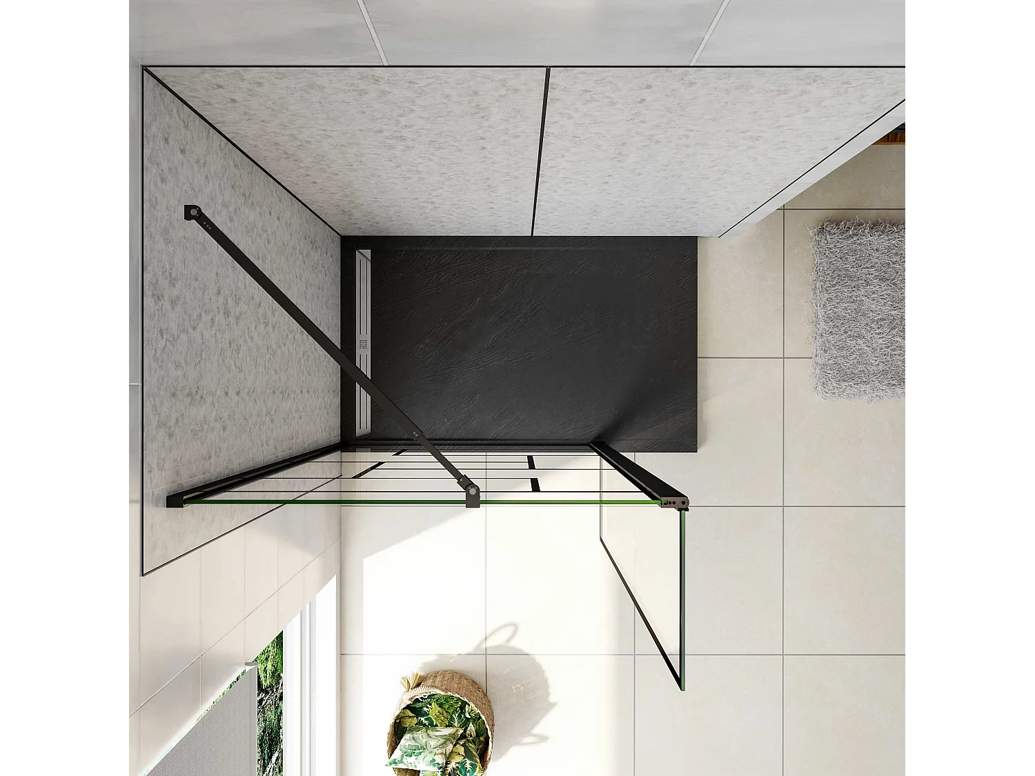 Box Doccia Walk in 150x200cm Parete Fissa 120cm+Paretina 30cm Vetro 8mm Anticalcare Serigrafato Nero Riquadri Barra Stabilizzatrice 73-120cm