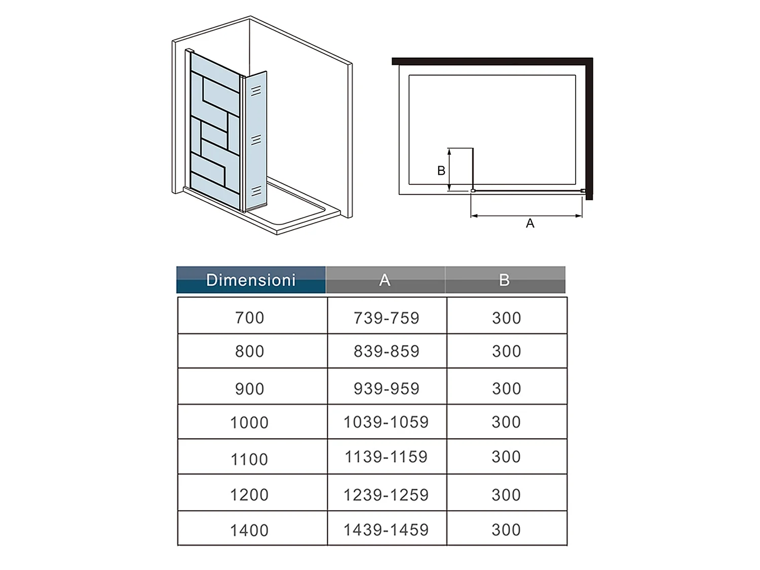 Box Doccia Walk in 150x200cm Parete Fissa 120cm+Paretina 30cm Vetro 8mm Anticalcare Serigrafato Nero Riquadri Barra Stabilizzatrice 73-120cm