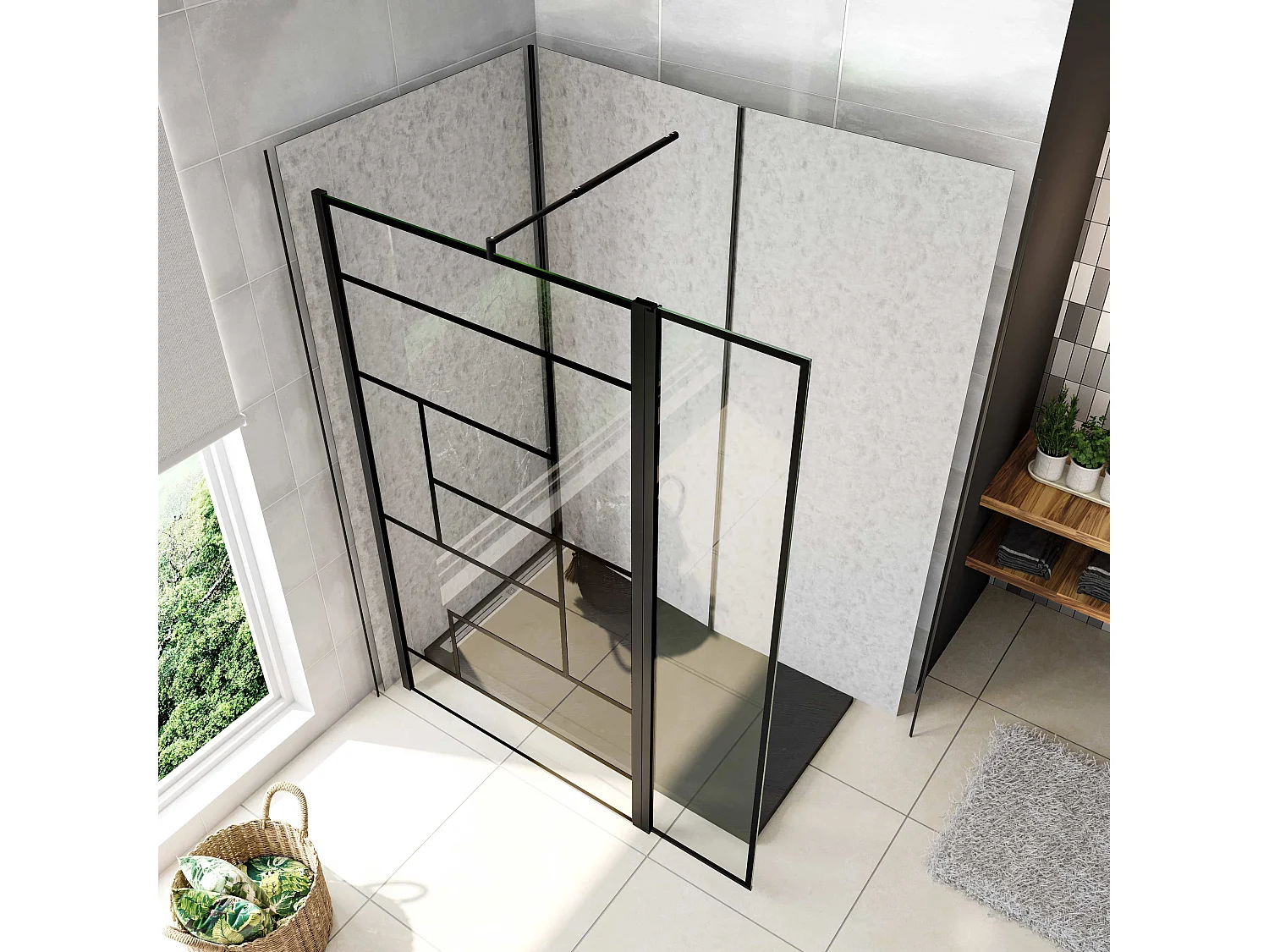 Box Doccia Walk in 140x200cm Parete Fissa 100cm+Paretina 40cm Vetro 8mm Anticalcare Serigrafato Nero Riquadri Barra Stabilizzatrice 70-120cm