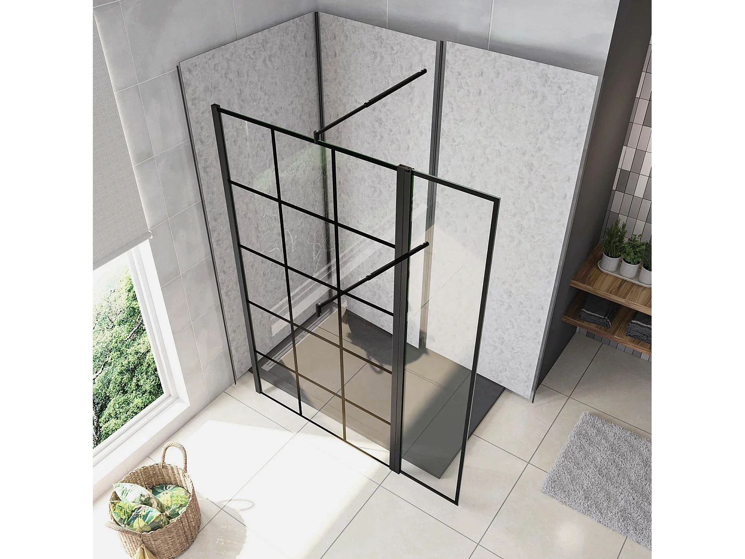 Box Doccia Parete Fissa 120x200cm con Paraspruzzo 40cm Vetro 8 mm Temperato Anticalcare Serigrafia Riquadri Neri Barra Stabilizzatrice Regolabile 70-120 cm