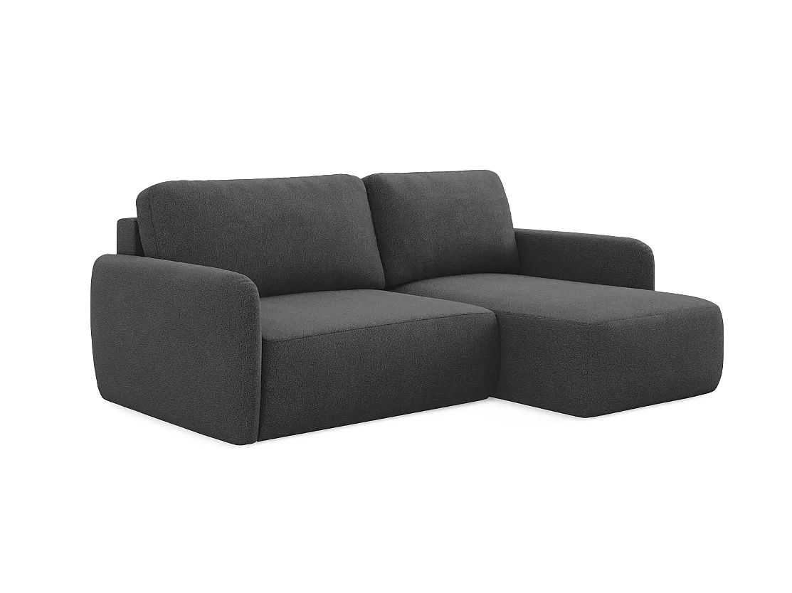 Canapé d’angle convertible DAILY L 4 places, tissu chenille anthracite, fonction couchage et coffre de rangement, confort doux et luxueux