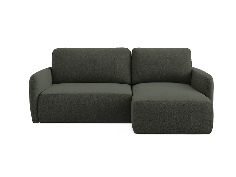 Divano angolare trasformabile DAILY L a 4 posti, tessuto ciniglia color verde bottiglia, funzione letto e vano contenitore, comfort morbido e lussuoso.
