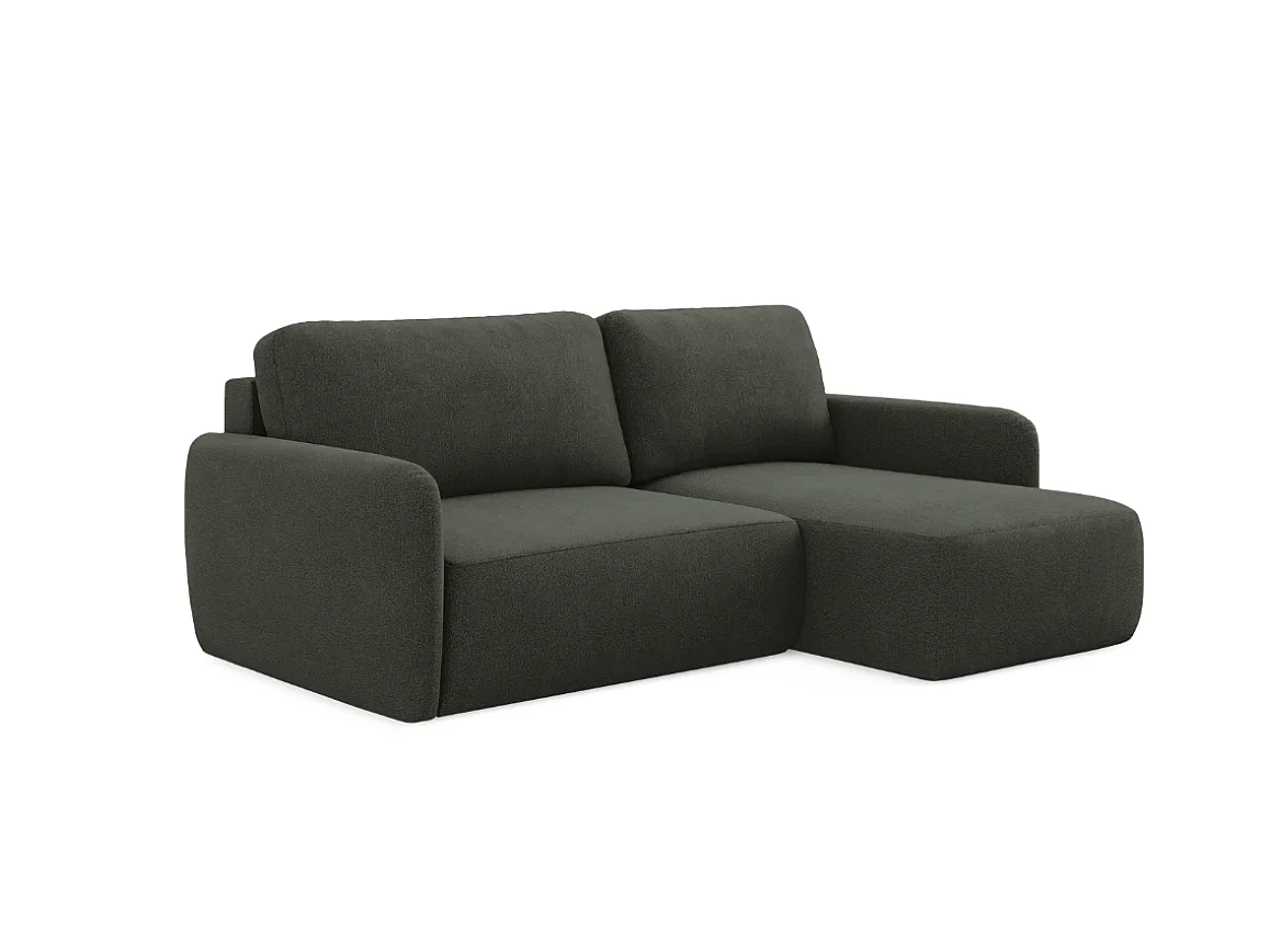 Divano angolare trasformabile DAILY L a 4 posti, tessuto ciniglia color verde bottiglia, funzione letto e vano contenitore, comfort morbido e lussuoso.