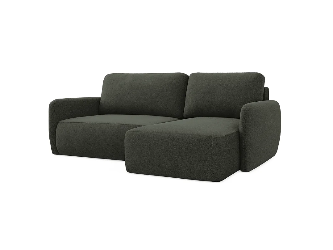 Divano angolare trasformabile DAILY L a 4 posti, tessuto ciniglia color verde bottiglia, funzione letto e vano contenitore, comfort morbido e lussuoso.