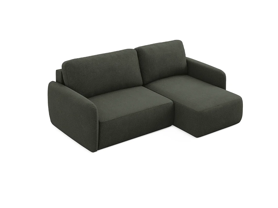 Divano angolare trasformabile DAILY L a 4 posti, tessuto ciniglia color verde bottiglia, funzione letto e vano contenitore, comfort morbido e lussuoso.