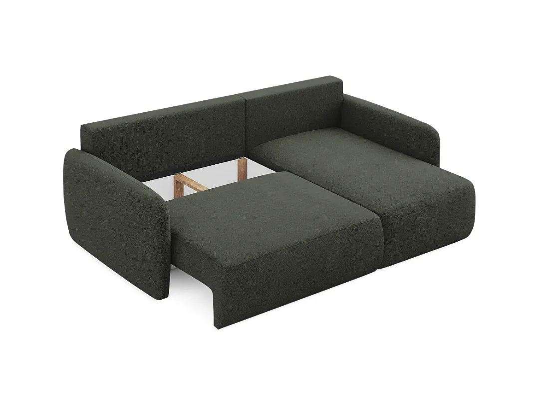 Divano angolare trasformabile DAILY L a 4 posti, tessuto ciniglia color verde bottiglia, funzione letto e vano contenitore, comfort morbido e lussuoso.