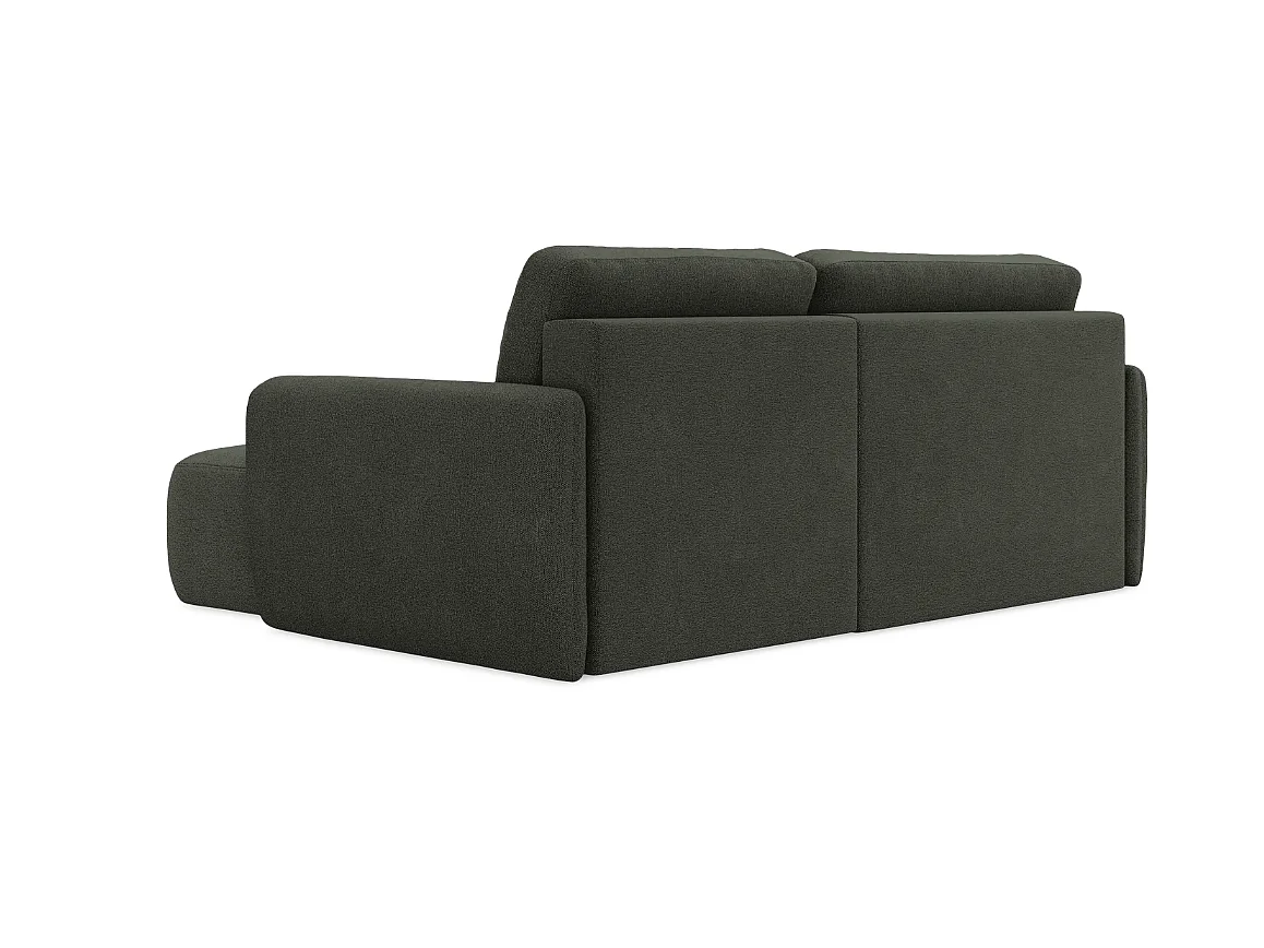 Divano angolare trasformabile DAILY L a 4 posti, tessuto ciniglia color verde bottiglia, funzione letto e vano contenitore, comfort morbido e lussuoso.