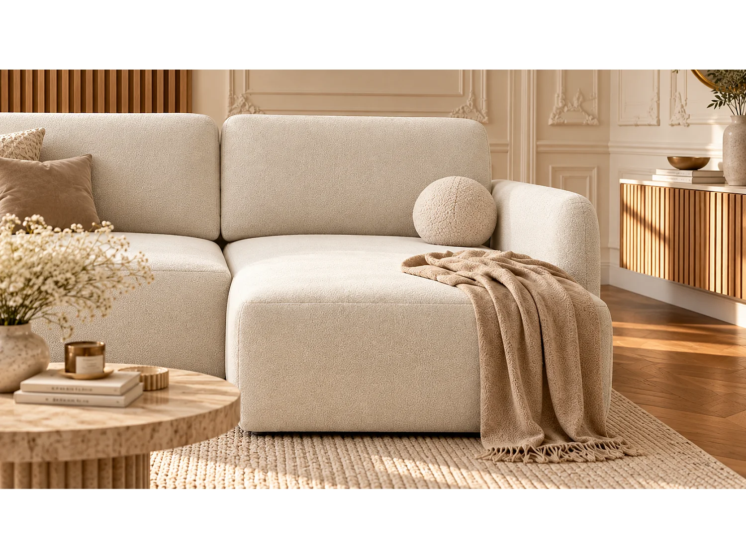 Canapé d’angle convertible DAILY L 4 places, tissu chenille crème, fonction couchage et coffre de rangement, confort doux et luxueux