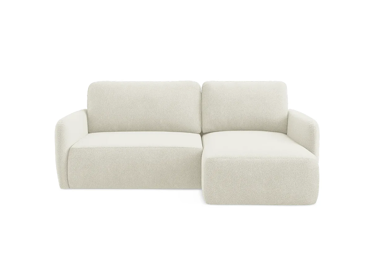 Canapé d’angle convertible DAILY L 4 places, tissu chenille crème, fonction couchage et coffre de rangement, confort doux et luxueux