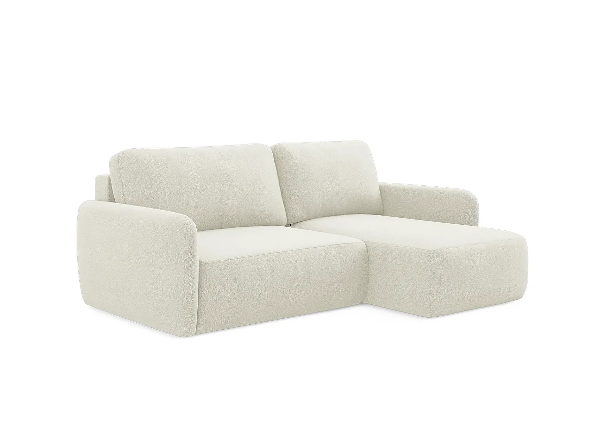 Canapé d’angle convertible DAILY L 4 places, tissu chenille crème, fonction couchage et coffre de rangement, confort doux et luxueux